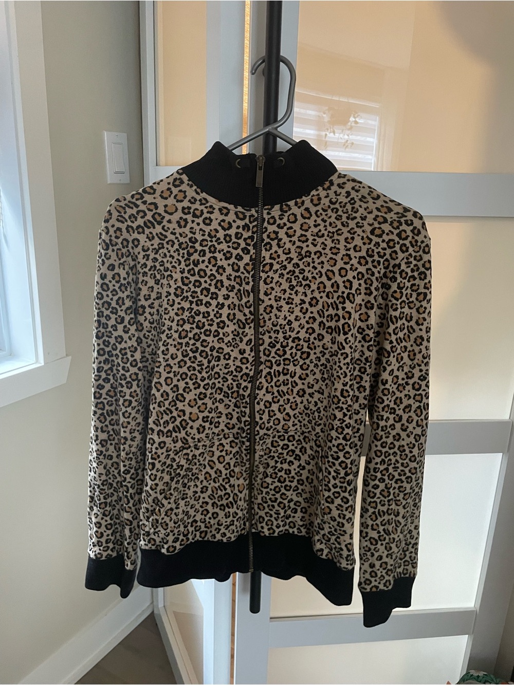 Jones New York Leopard Print Zip Bomber Jacket - Beige/Black
